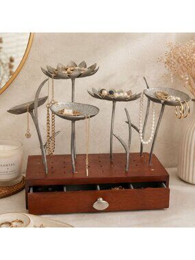 Red Envelope Deluxe Sculpted Jewelry Tree Box Display Wood Pewter Flowers Lotus